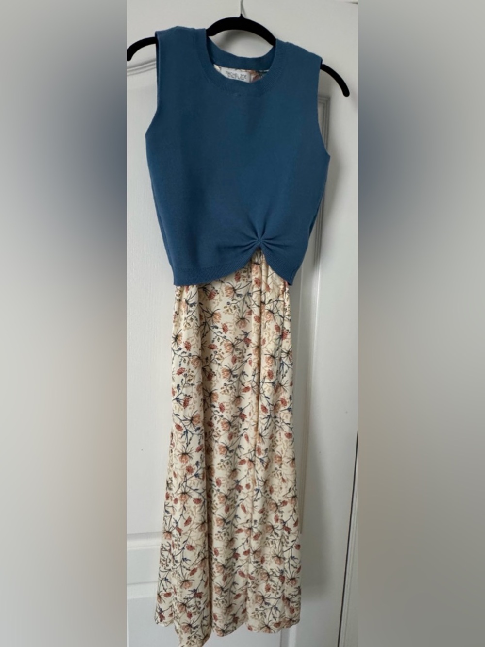 Rachel Zoe Blue Knit-Tied Removable Sweater with Cream Floral Maxi Dress